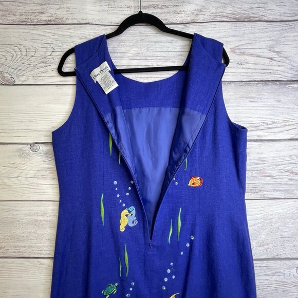VTG 90s Ultra Dress 14 Linen Blend Fish Embroidered‎ Sleeveless Blue Nautical - Picture 12 of 16